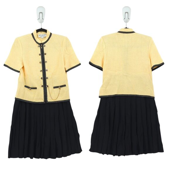 St John Women 2 Suit Set Yellow Black Santana Knit Spring 2002 Blazer Skirt FLAW